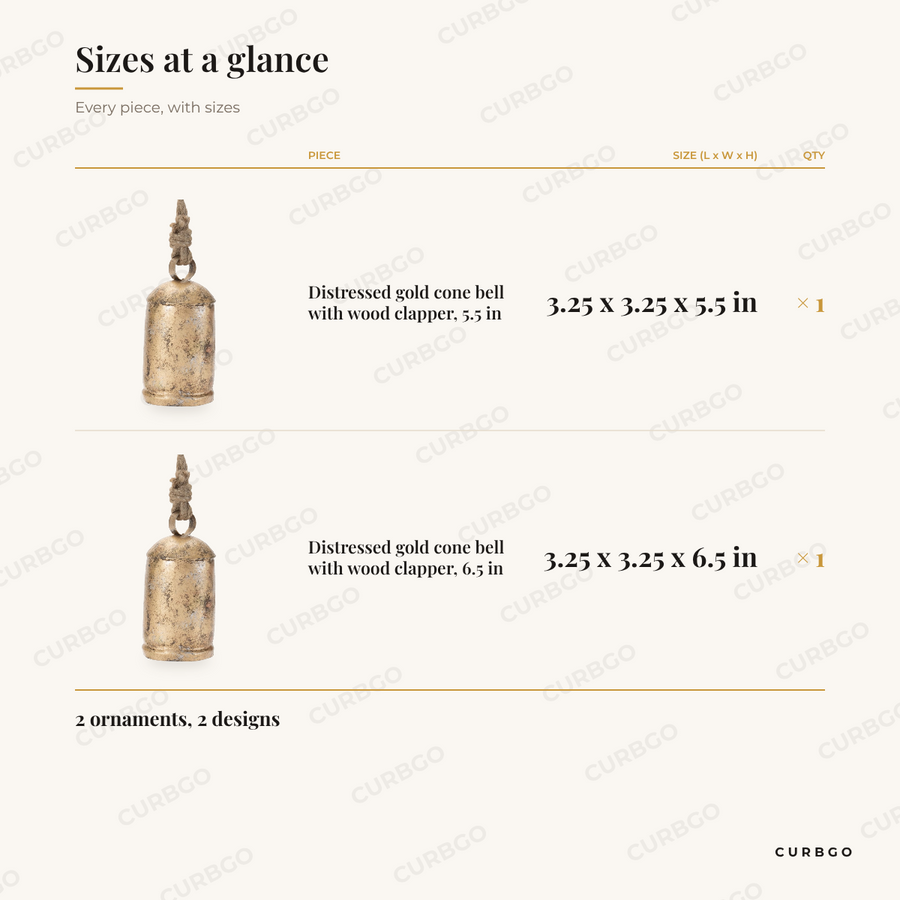 Distressed Gold Cone Bell Christmas Ornaments sizes at a glance, every piece with measurements, Christmas ornament set dimension card