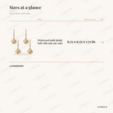 Distressed Gold Metal Sleigh Bell Christmas Ornaments sizes at a glance, every piece with measurements, Christmas ornament set dimension card