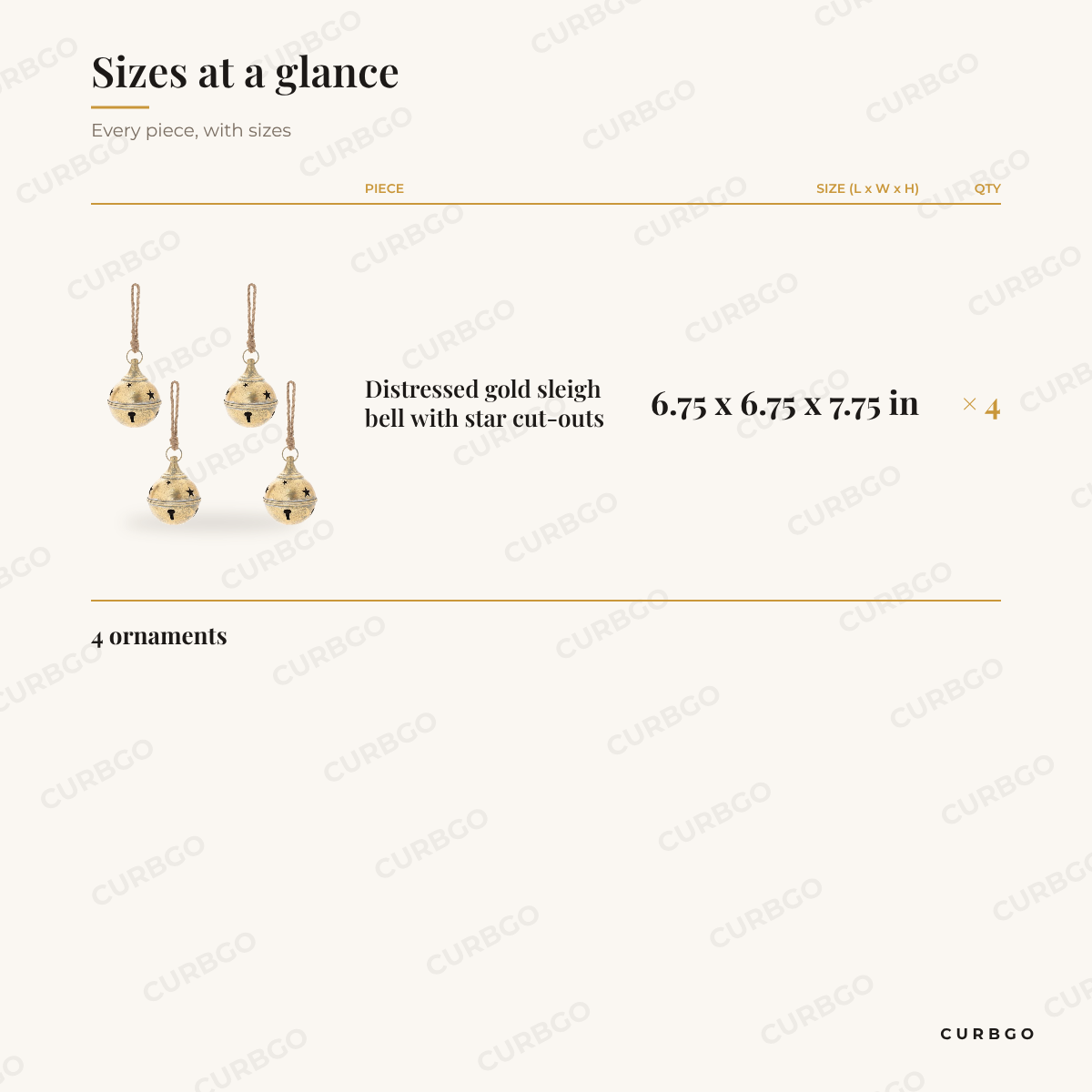 Distressed Gold Metal Sleigh Bell Christmas Ornaments sizes at a glance, every piece with measurements, Christmas ornament set dimension card