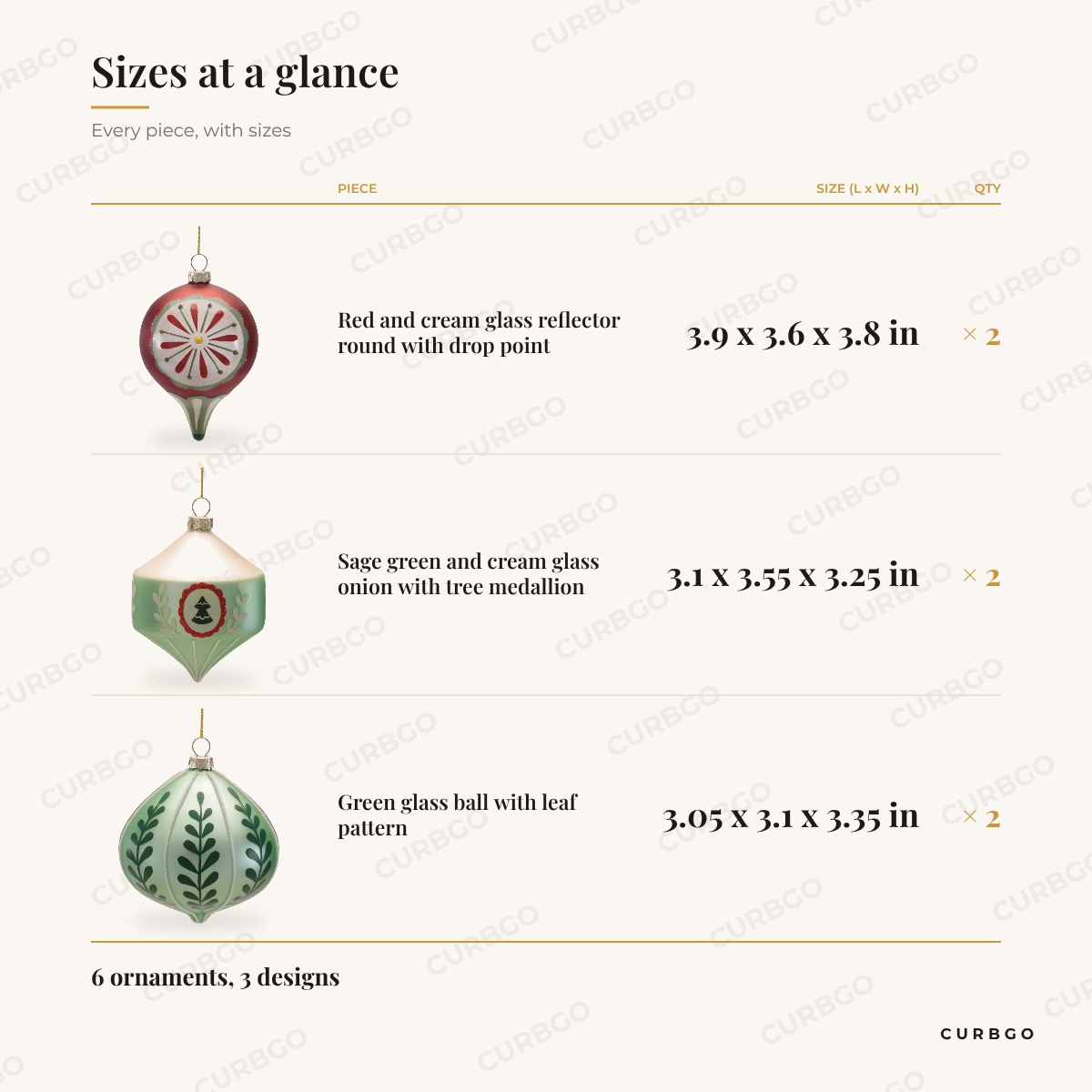 Retro Glass Christmas Ornaments sizes at a glance, every piece with measurements, Christmas ornament set dimension card