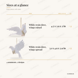 White Resin Dove Christmas Ornaments sizes at a glance, every piece with measurements, Christmas ornament set dimension card