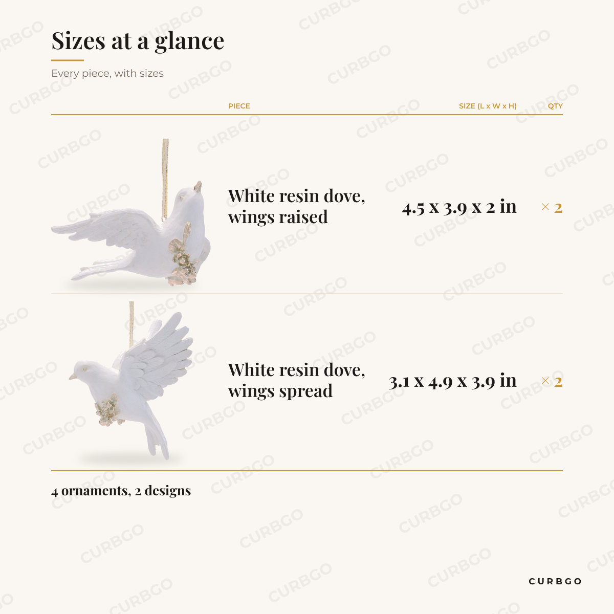 White Resin Dove Christmas Ornaments sizes at a glance, every piece with measurements, Christmas ornament set dimension card