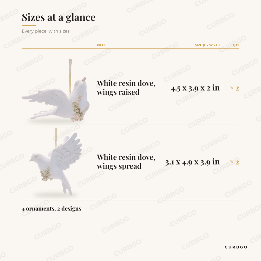 White Resin Dove Christmas Ornaments sizes at a glance, every piece with measurements, Christmas ornament set dimension card