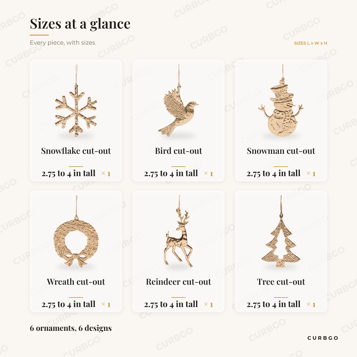 Gold Aluminum Cut-Out Christmas Ornaments sizes at a glance, every piece with measurements, Christmas ornament set dimension card