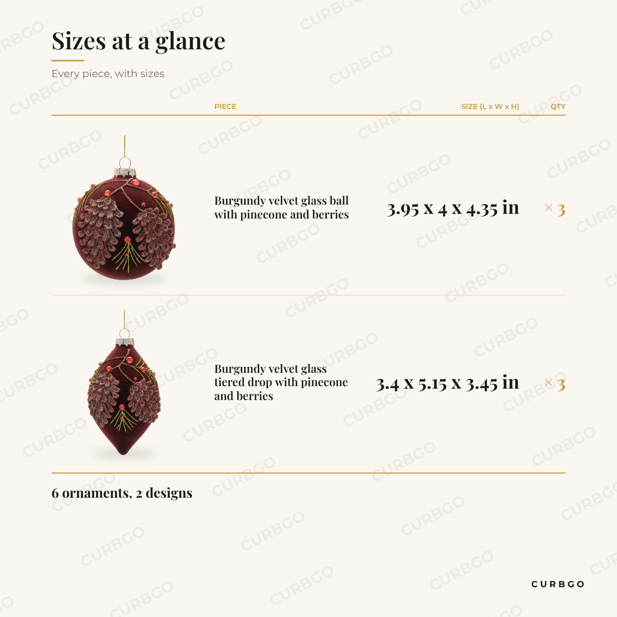Burgundy Velvet Glass Ball and Drop Christmas Ornaments sizes at a glance, every piece with measurements, Christmas ornament set dimension card