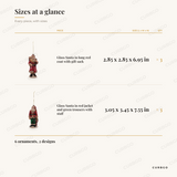 Glass Santa Christmas Ornaments sizes at a glance, every piece with measurements, Christmas ornament set dimension card