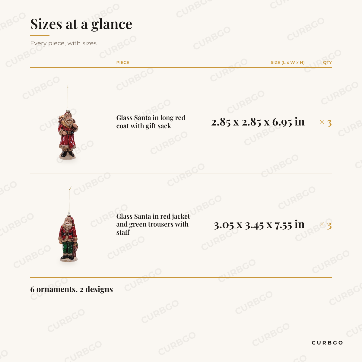 Glass Santa Christmas Ornaments sizes at a glance, every piece with measurements, Christmas ornament set dimension card