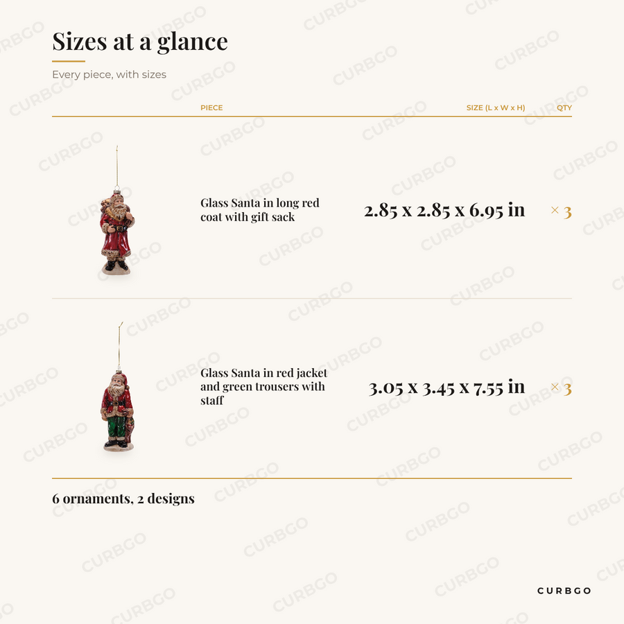 Glass Santa Christmas Ornaments sizes at a glance, every piece with measurements, Christmas ornament set dimension card
