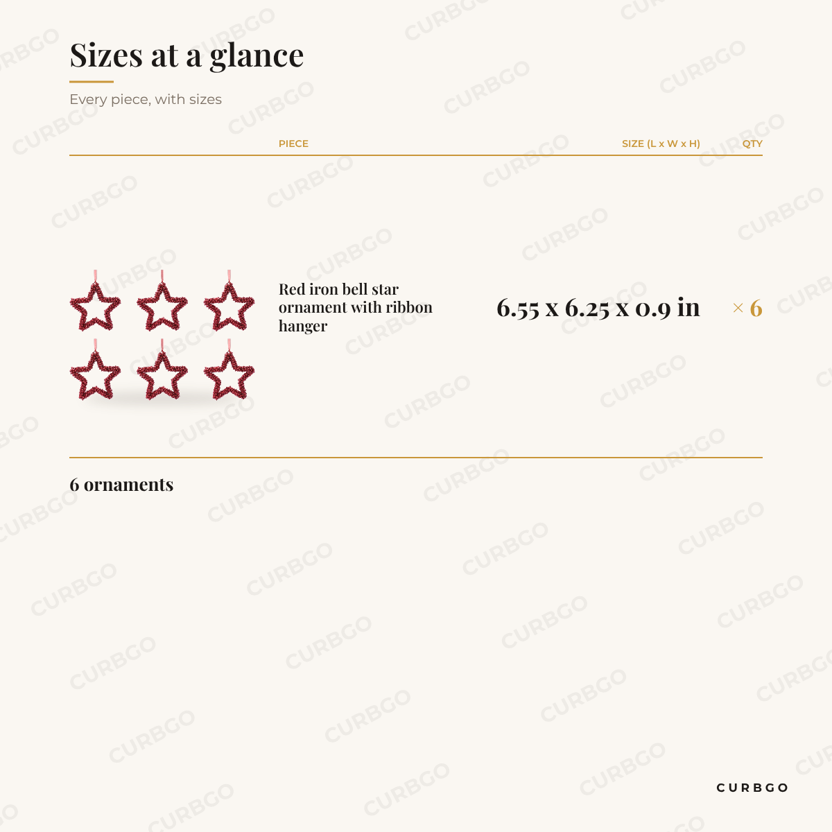 Red Iron Bell Star Christmas Ornaments sizes at a glance, every piece with measurements, Christmas ornament set dimension card
