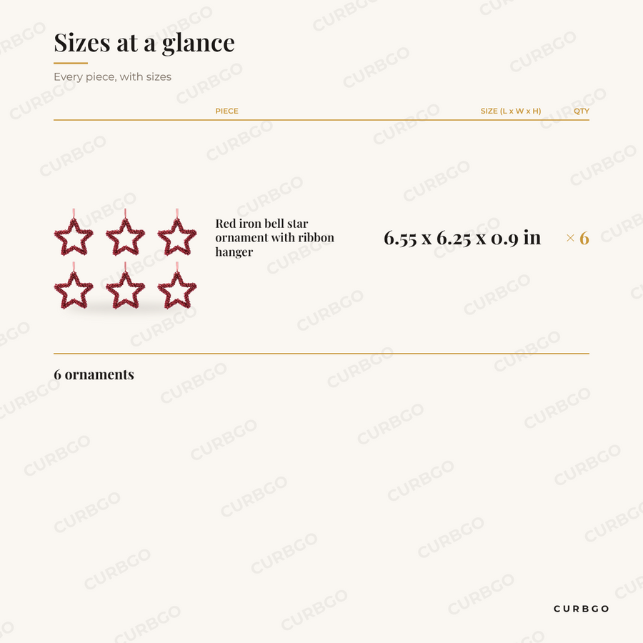 Red Iron Bell Star Christmas Ornaments sizes at a glance, every piece with measurements, Christmas ornament set dimension card