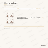 Bird on Branch Christmas Ornaments sizes at a glance, every piece with measurements, Christmas ornament set dimension card