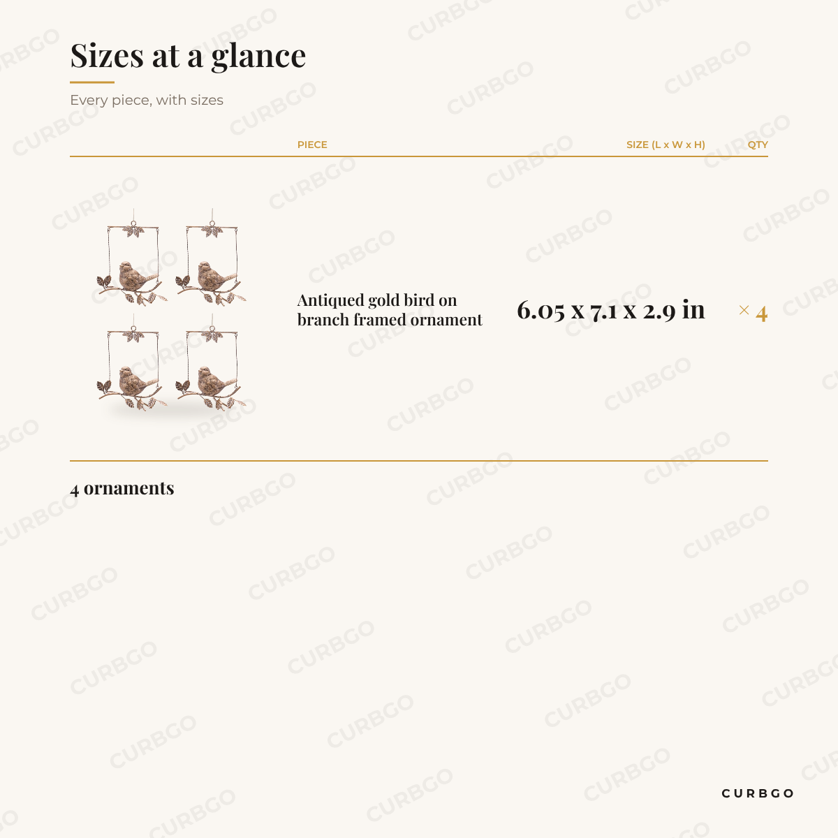 Bird on Branch Christmas Ornaments sizes at a glance, every piece with measurements, Christmas ornament set dimension card