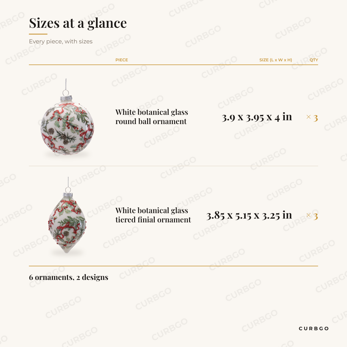 Botanical Glass Christmas Ornaments sizes at a glance, every piece with measurements, Christmas ornament set dimension card