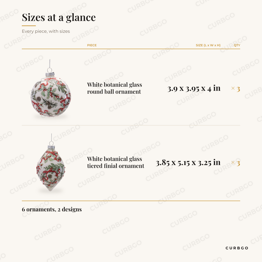 Botanical Glass Christmas Ornaments sizes at a glance, every piece with measurements, Christmas ornament set dimension card