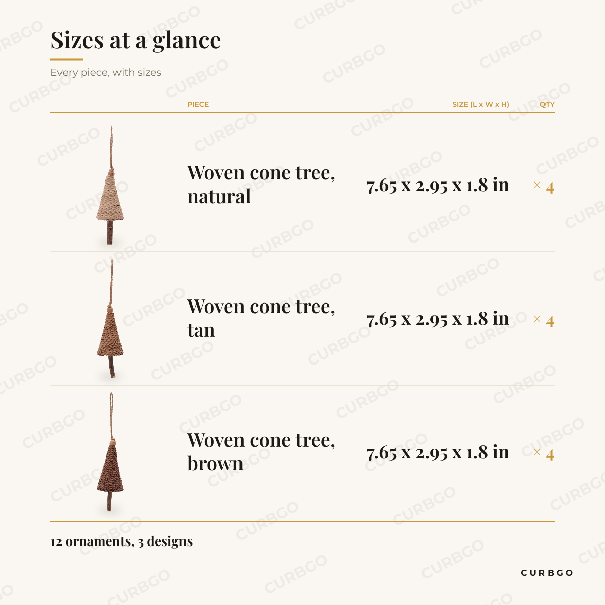 Woven Cone Tree Christmas Ornaments sizes at a glance, every piece with measurements, Christmas ornament set dimension card