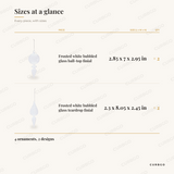 Frosted Glass Finial Christmas Ornaments sizes at a glance, every piece with measurements, Christmas ornament set dimension card