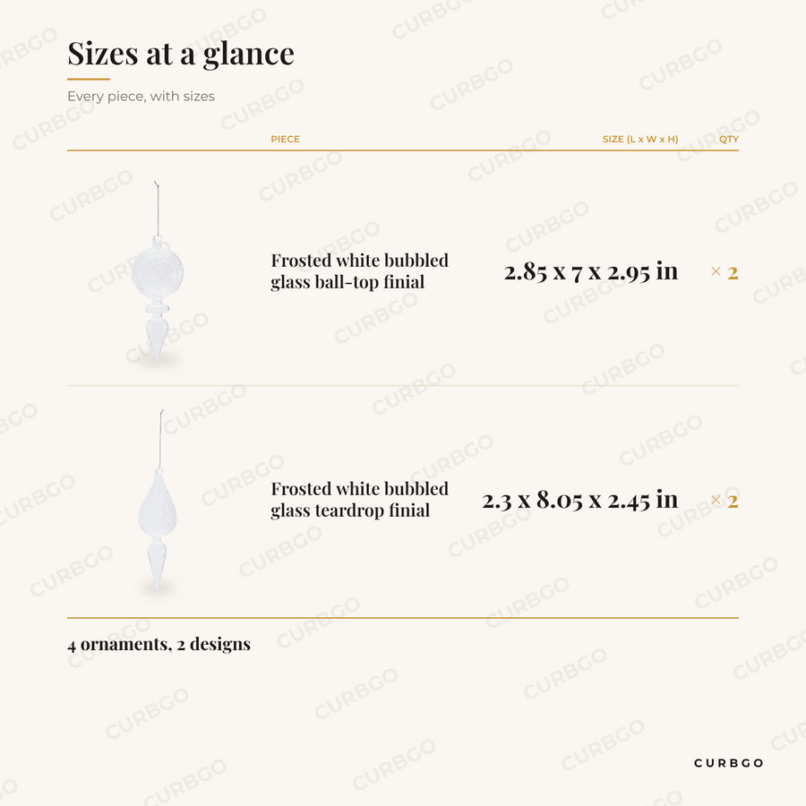 Frosted Glass Finial Christmas Ornaments sizes at a glance, every piece with measurements, Christmas ornament set dimension card