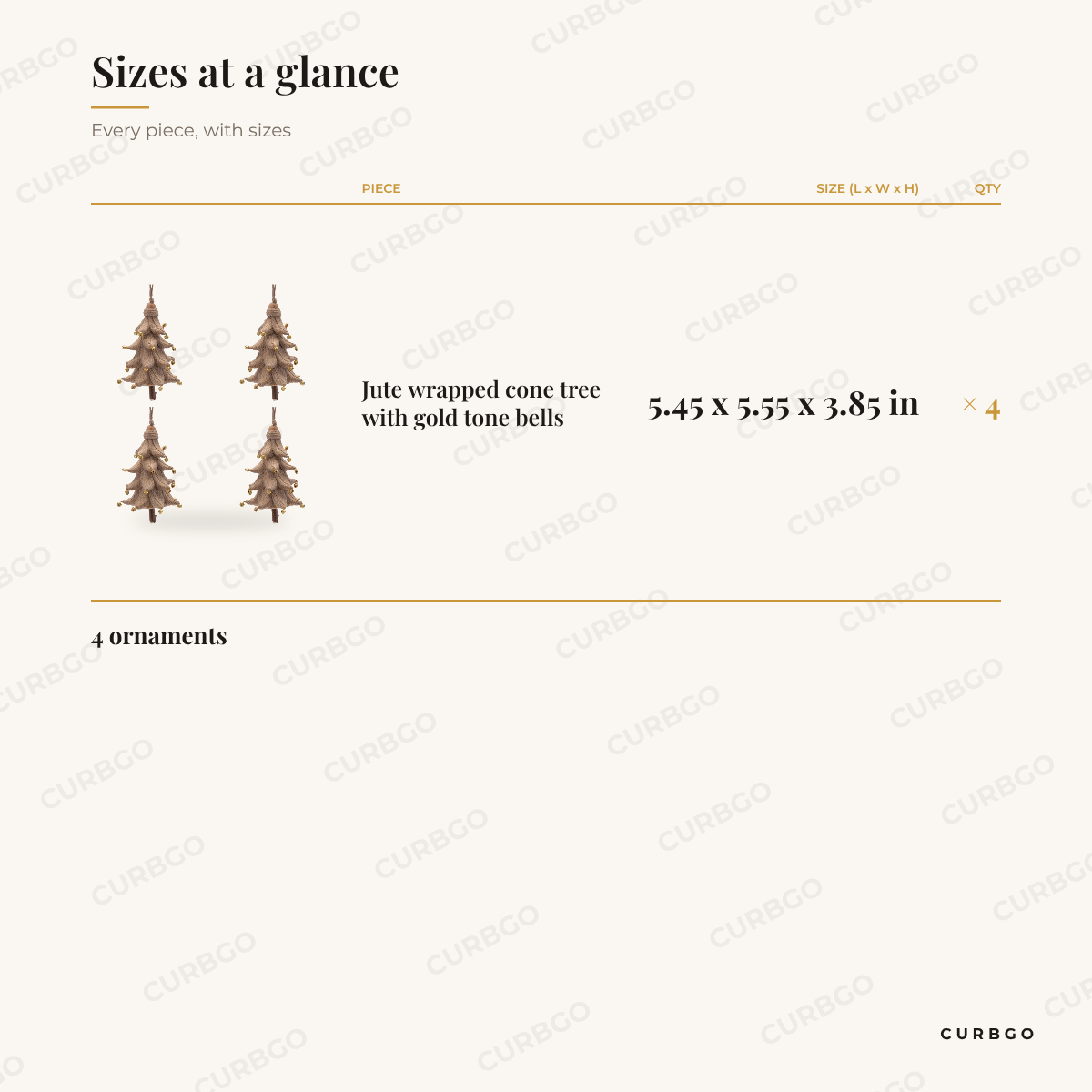Jute Wrapped Cone Tree Christmas Ornaments sizes at a glance, every piece with measurements, Christmas ornament set dimension card
