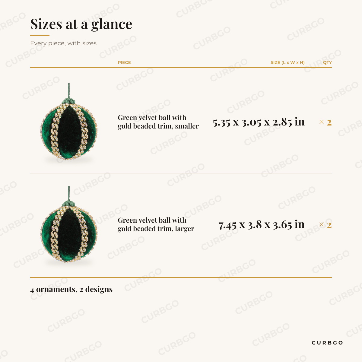 Green Velvet Ball Christmas Ornaments sizes at a glance, every piece with measurements, Christmas ornament set dimension card