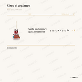 Santa in Chimney Glass Christmas Ornaments sizes at a glance, every piece with measurements, Christmas ornament set dimension card