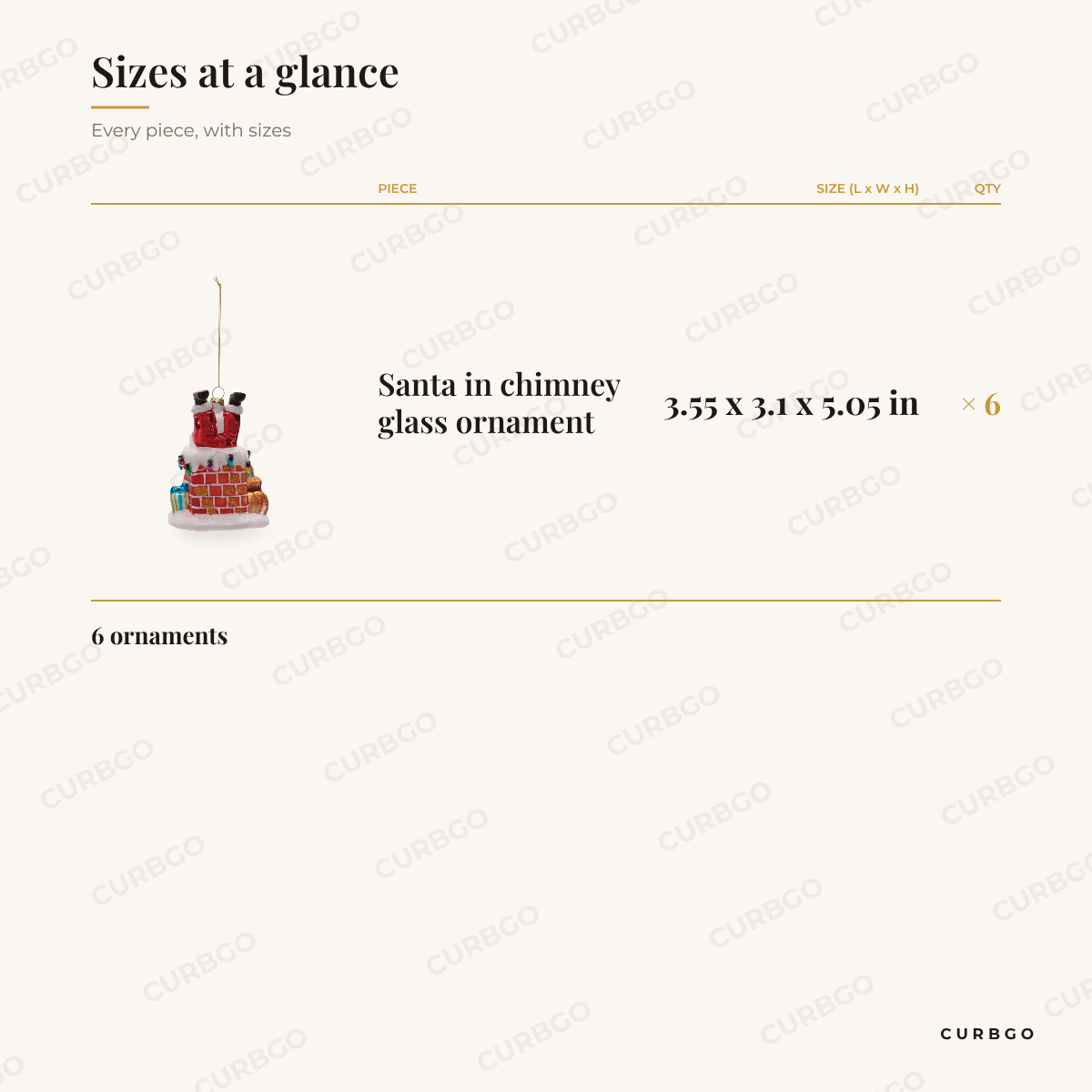 Santa in Chimney Glass Christmas Ornaments sizes at a glance, every piece with measurements, Christmas ornament set dimension card