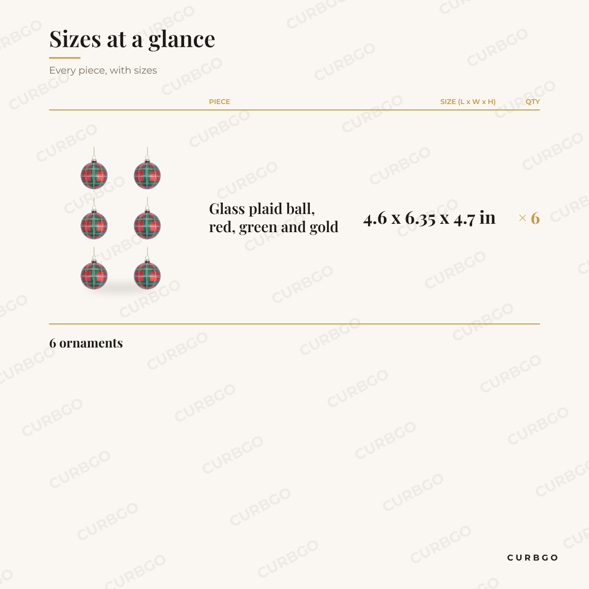 Glass Plaid Ball Christmas Ornaments sizes at a glance, every piece with measurements, Christmas ornament set dimension card