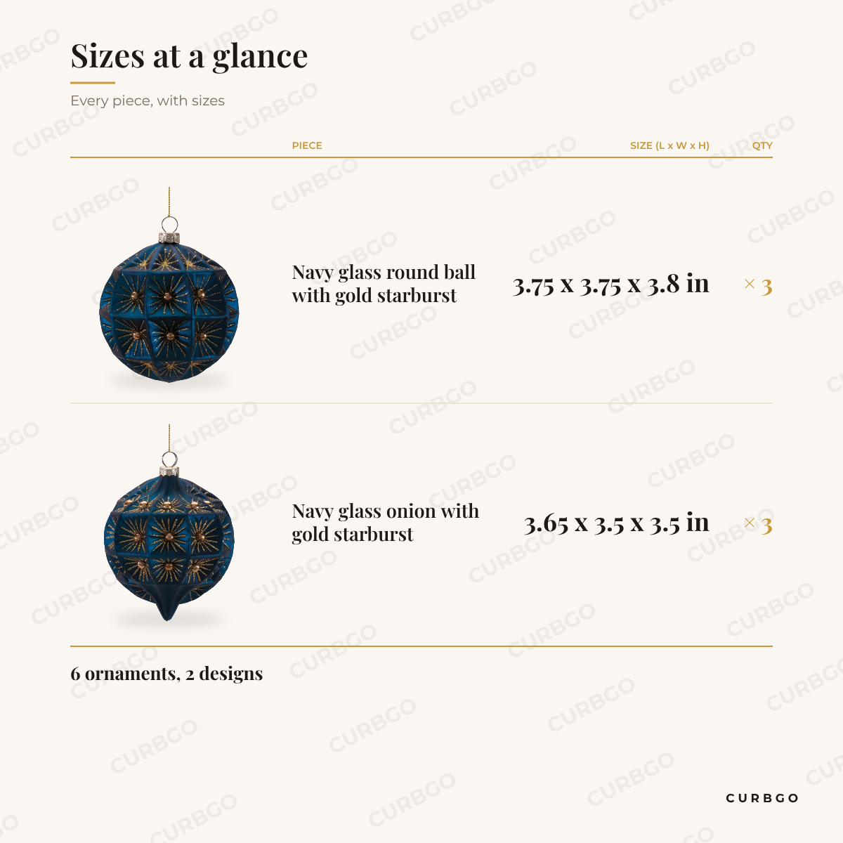 Navy Blue Glass Ball and Onion Christmas Ornaments sizes at a glance, every piece with measurements, Christmas ornament set dimension card