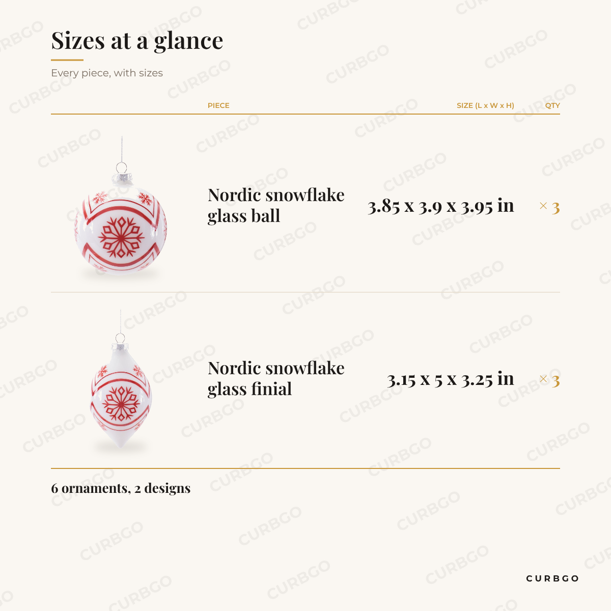 White Glass Nordic Snowflake Christmas Ornaments sizes at a glance, every piece with measurements, Christmas ornament set dimension card