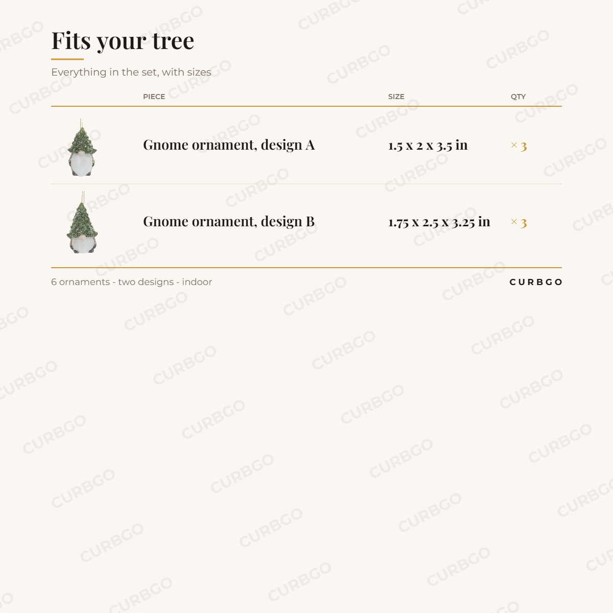 Terra Cotta Gnome Ornament Set of 6 piece sizes: Gnome ornament, design A 1.5 x 2 x 3.5 in x3, Gnome ornament, design B 1.75 x 2.5 x 3.25 in x3