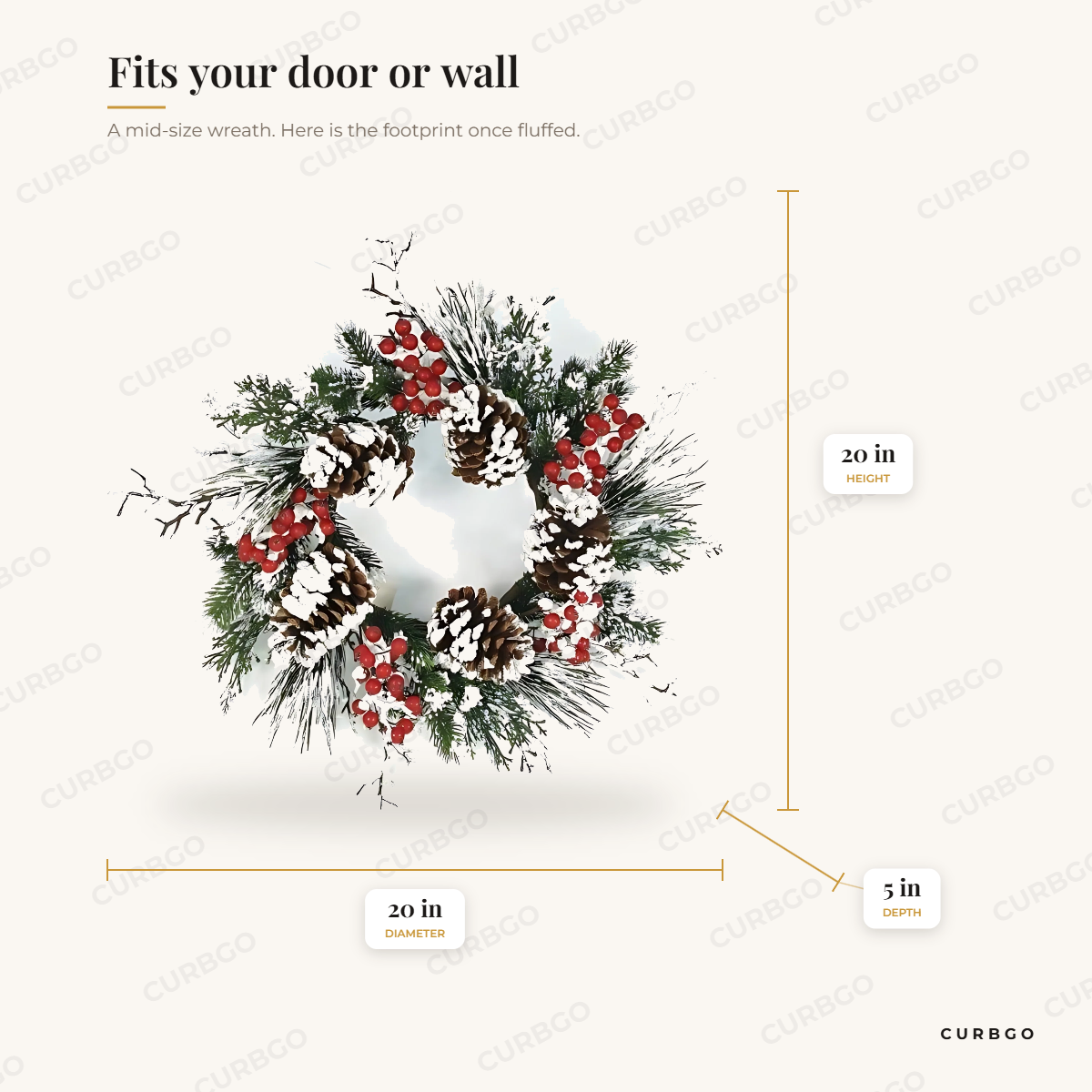 Snow Mixed Pine Berry Wreath 20 in dimensions: width 20 in, height 20 in, depth 5 in
