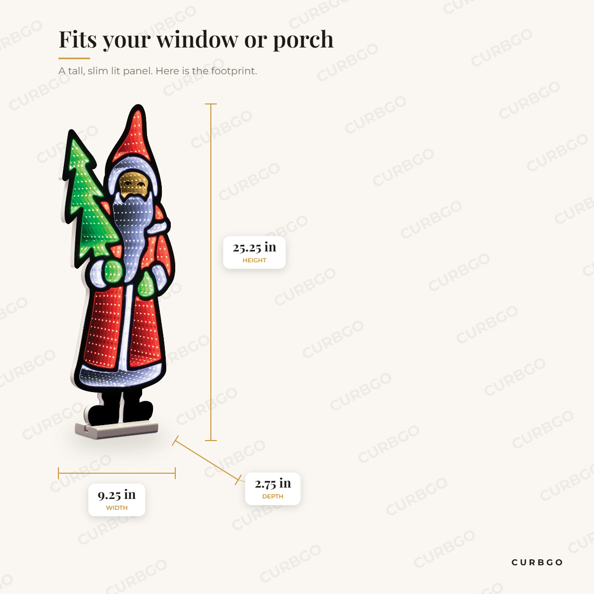 Santa with Pine Tree EkkoLight 25 in dimensions: width 9.25 in, height 25.25 in, depth 2.75 in