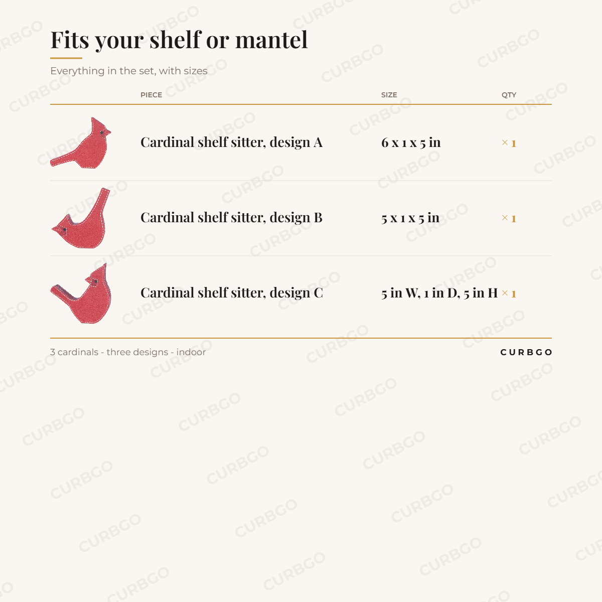 Cardinal Bird Shelf Sitter Set of 3 piece sizes: Cardinal shelf sitter, design A 6 x 1 x 5 in x1, Cardinal shelf sitter, design B 5 x 1 x 5 in x1, Cardinal shelf sitter, design C 5 in W, 1 in D, 5 in H x1