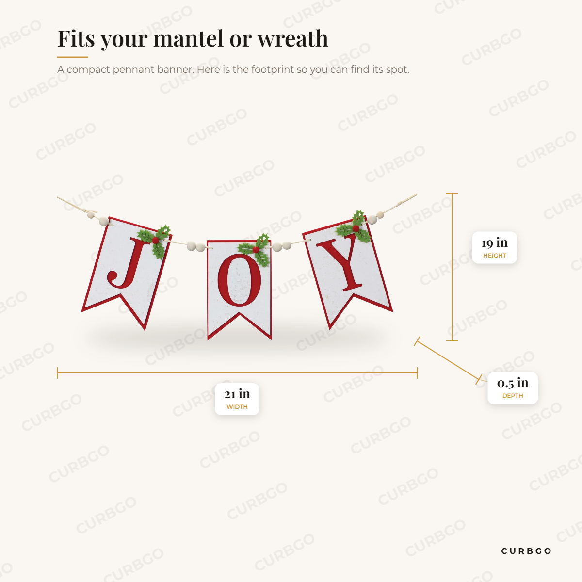 Joy Holiday Banner Garland 21 in dimensions: width 21 in, height 19 in, depth 0.5 in