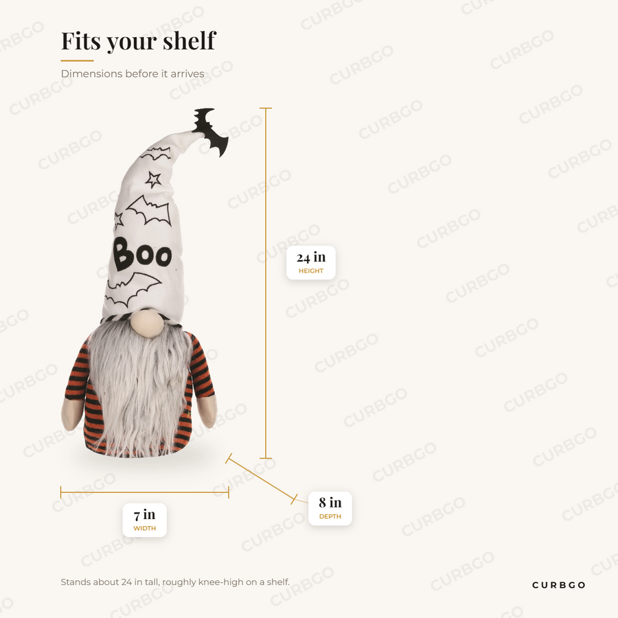 Ghost Gnome Shelf Sitter dimensions: 7 in width, 24 in height, 8 in depth