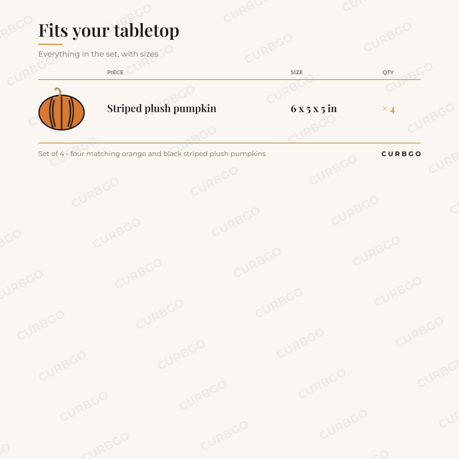 Striped Pumpkin Set set contents and sizes: Set of 4 - four matching orange and black striped plush pumpkins