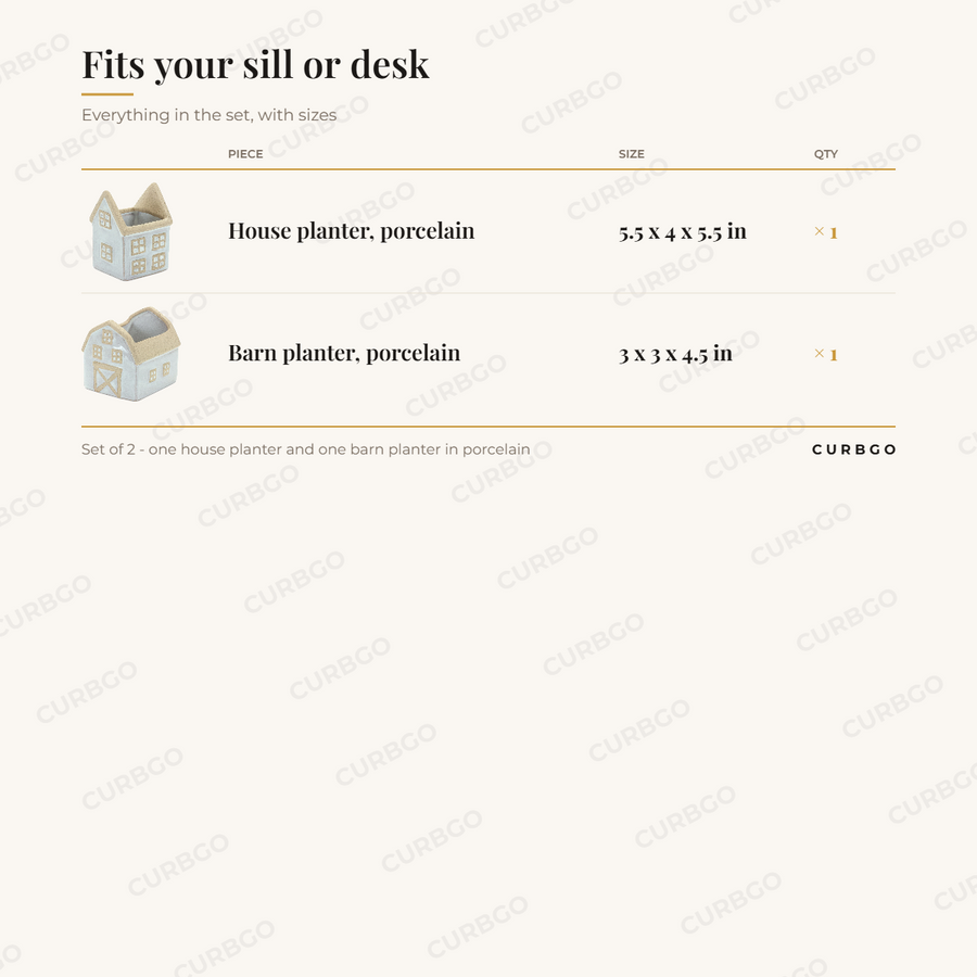 House and Barn Planters set contents and sizes: Set of 2 - one house planter and one barn planter in porcelain