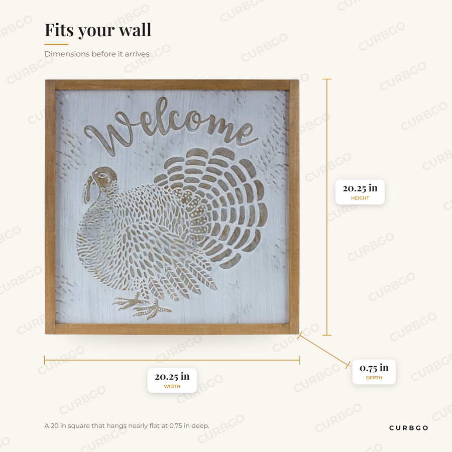Welcome Turkey Sign dimensions: 20.25 in width, 20.25 in height, 0.75 in depth
