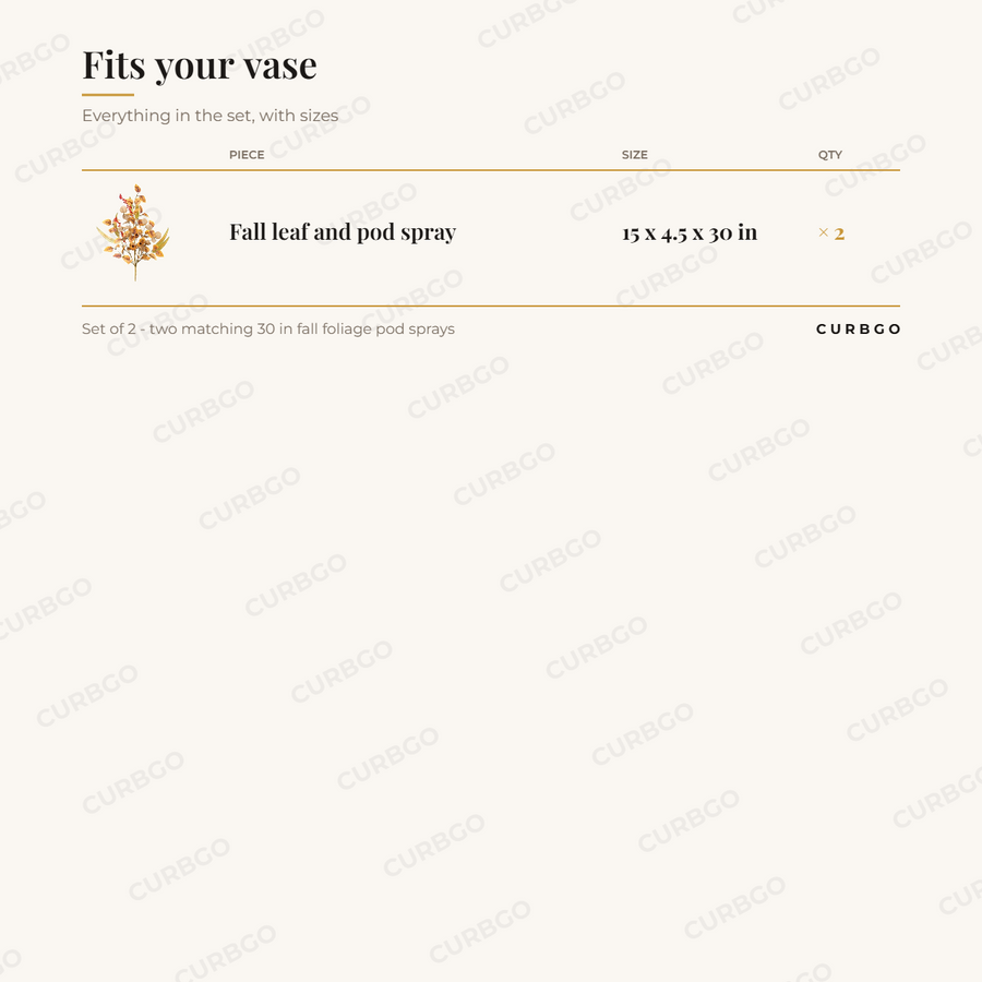 Fall Foliage Sprays set contents and sizes: Set of 2 - two matching 30 in fall foliage pod sprays
