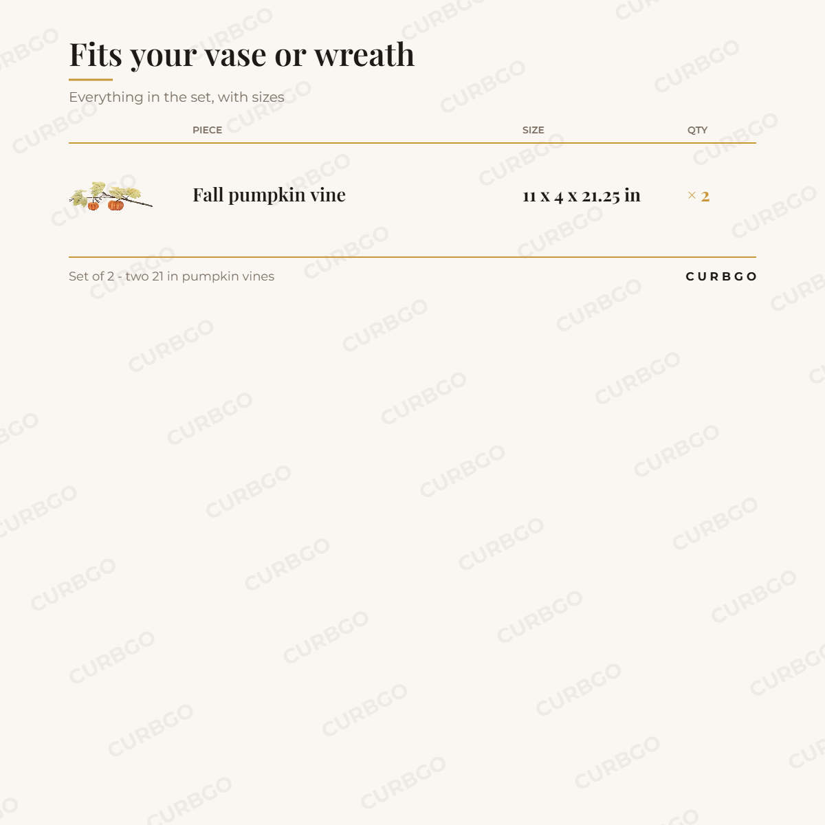 Fall Pumpkin Vines dimensions: each vine 21.25 in L x 11 in W x 4 in D, set count 2 vines, stem internal wire, shapeable