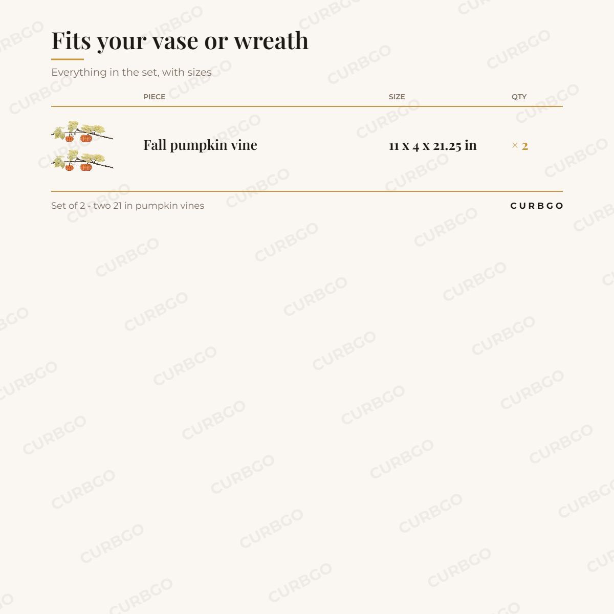 Fall Pumpkin Vines dimensions: each vine 21.25 in L x 11 in W x 4 in D, set count 2 vines, stem internal wire, shapeable