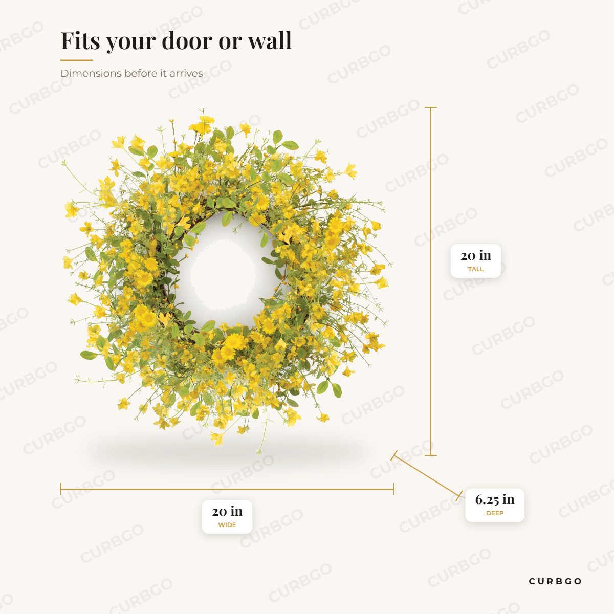 Daisy Floral Wreath dimensions: diameter 20 in, depth 6.25 in, base grapevine twig ring
