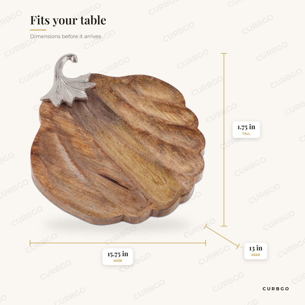 Wooden Pumpkin Tray dimensions: length 15.75 in, width 13 in, height 1.75 in