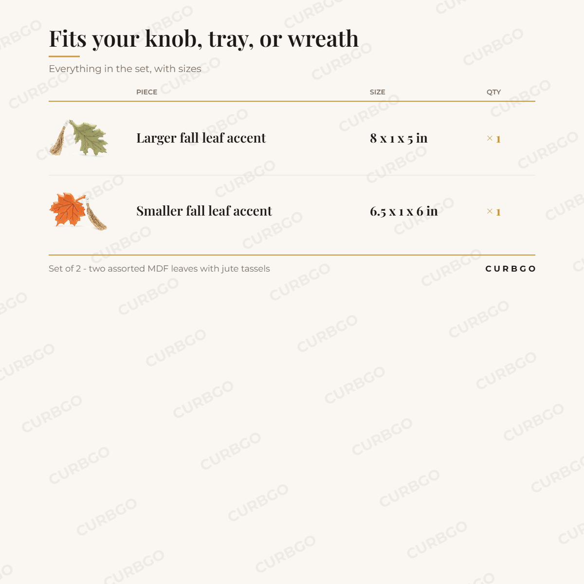 Jute Fall Leaves dimensions: larger leaf 8 in L x 1 in D x 5 in H, smaller leaf 6.5 in L x 1 in D x 6 in H, set count 2 accents