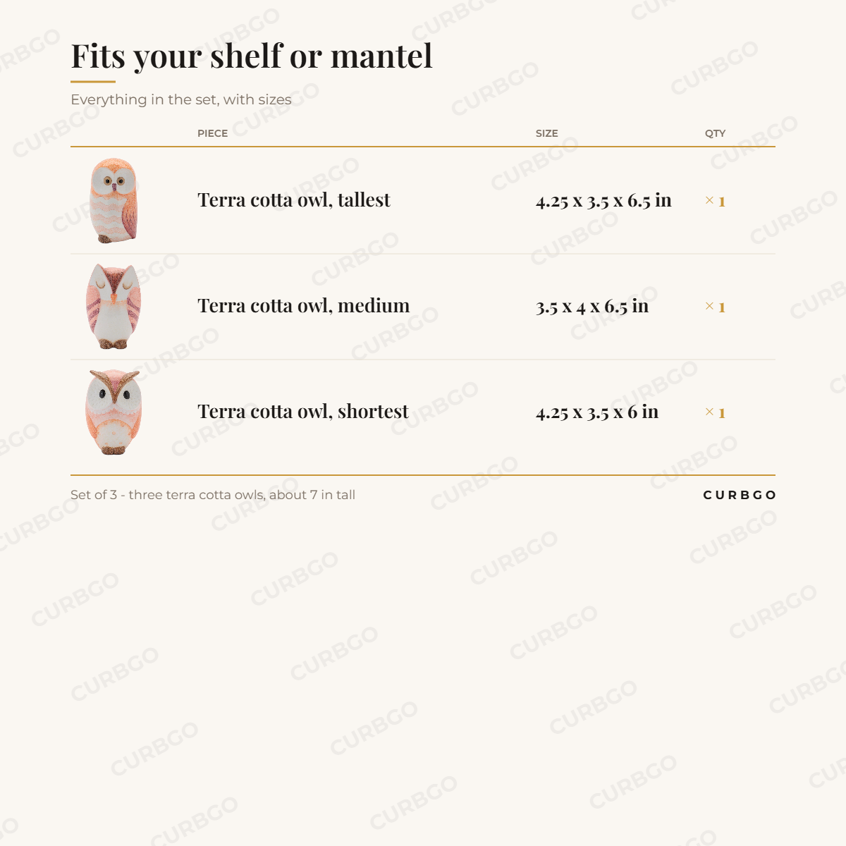 Terra Cotta Owls dimensions: each owl about 6 to 6.5 in tall, set count 3 owls, finish pink and beige ombre