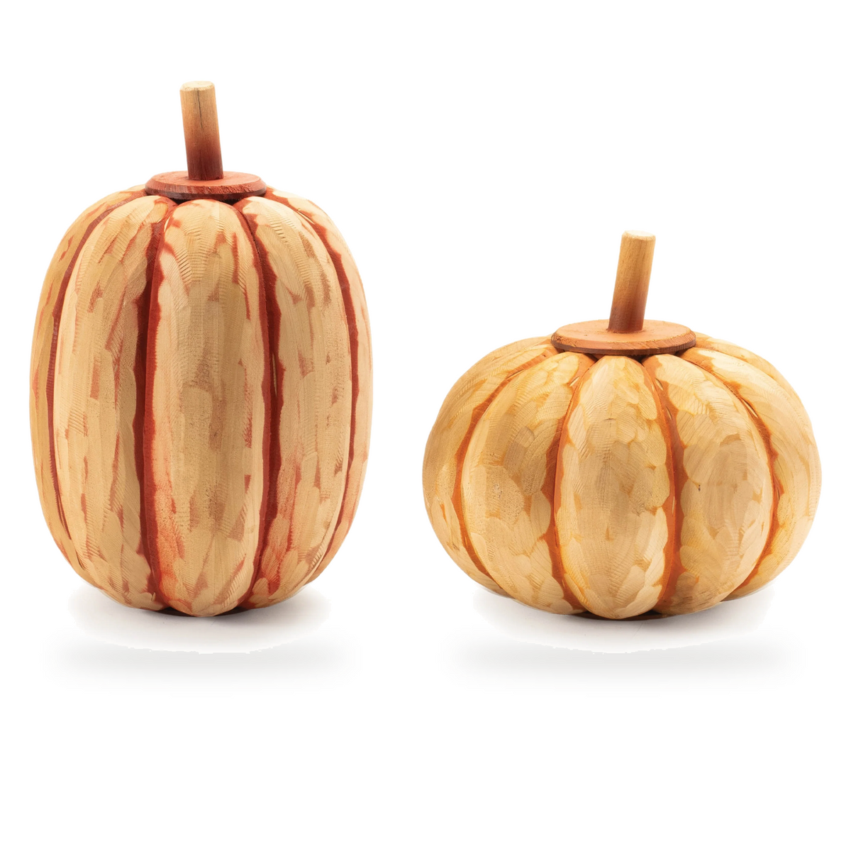 Carved fir wood pumpkins set of 2 in orange, 11.5 in and 8.5 in tall, on white