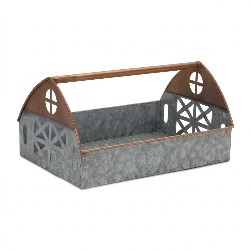 Galvanized metal barn caddy tray, larger 12.25 in tray shown by itself