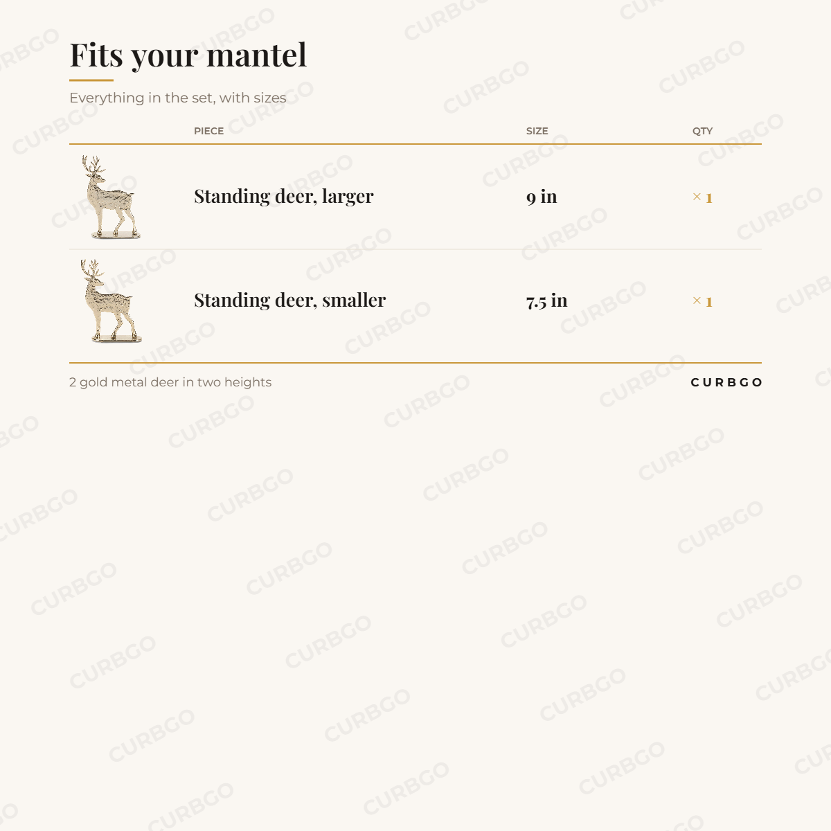 Metal Deer Figurines Set of 2 piece sizes: standing deer, larger 9 in (x1); standing deer, smaller 7.5 in (x1); 2 gold metal deer in two heights