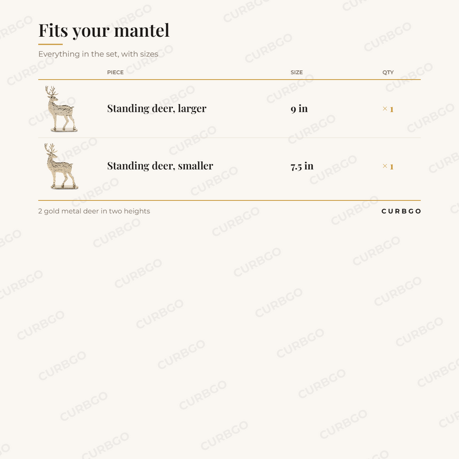 Metal Deer Figurines Set of 2 piece sizes: standing deer, larger 9 in (x1); standing deer, smaller 7.5 in (x1); 2 gold metal deer in two heights