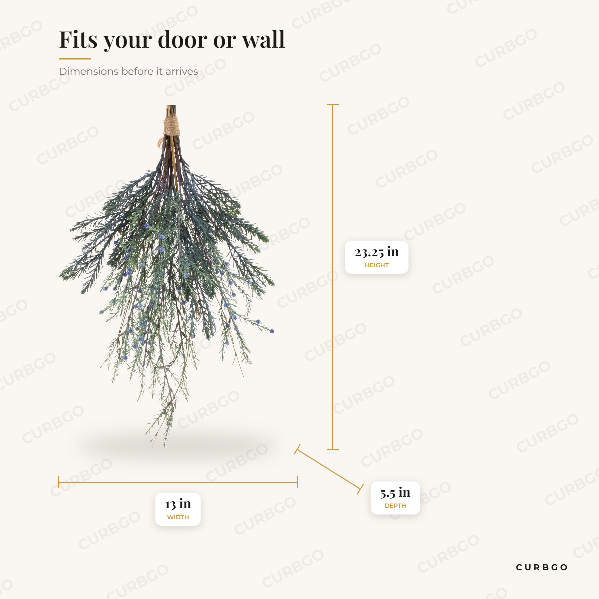 Mixed pine bundle swag dimensions: 23.25 in high, 13 in wide, 5.5 in deep
