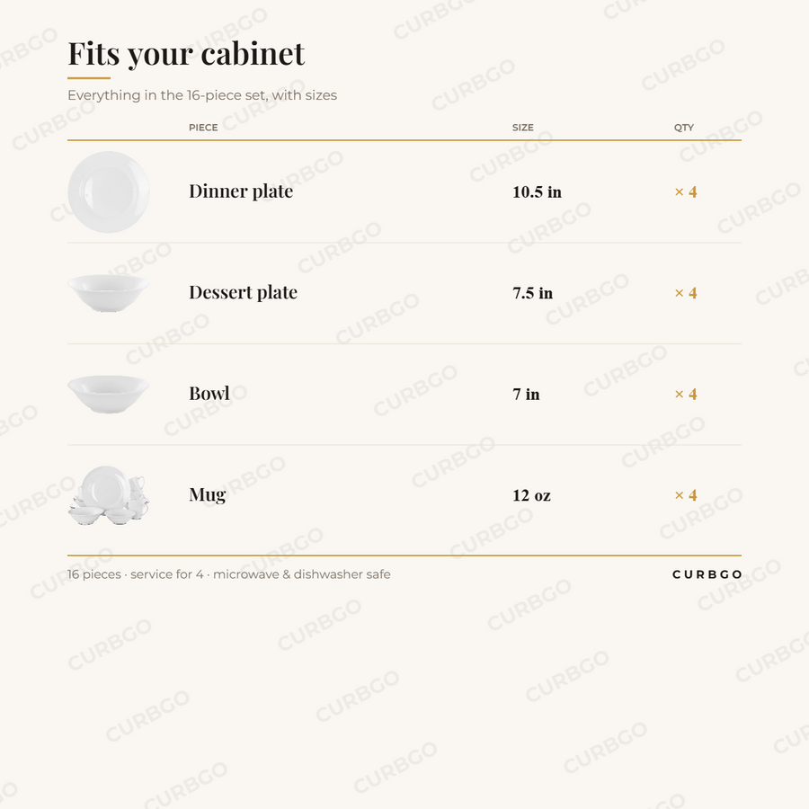 Gibson Noble Court 16-piece dinnerware set piece sizes: dinner plate 10.5 in, dessert plate 7.5 in, bowl 7 in, mug 12 oz, service for 4